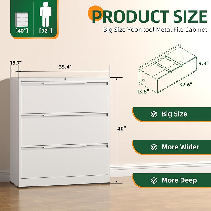 Lateral File Cabinet 3 Drawer, Metal File Cabinet with Lock | Filing Cabinets for Home Office, Black Locking Deep Drawer for Hanging Files Letter/Legal/A4/F4 Size, Assembly Required