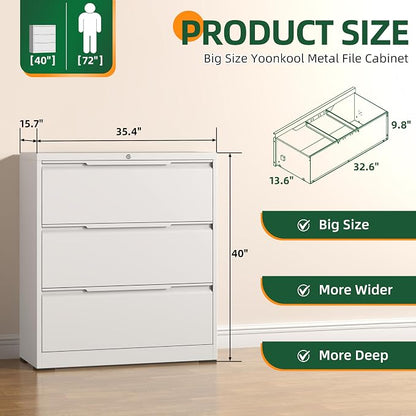 Lateral File Cabinet 3 Drawer, Metal File Cabinet with Lock | Filing Cabinets for Home Office, Black Locking Deep Drawer for Hanging Files Letter/Legal/A4/F4 Size, Assembly Required
