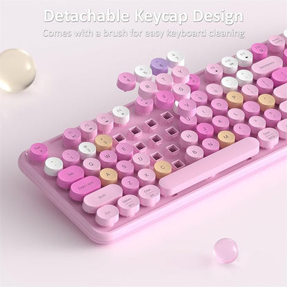 Links9+ Wireless Keyboard and Mouse, Full-Size Retro Typewriter Keyboard with Round Keycaps, 2.4GHz for Windows, Mac, Laptop, PC, Desktop (Pink Colorful)