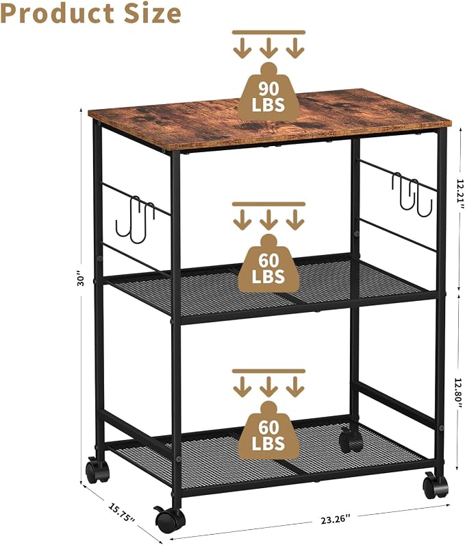 ThreeHio Printer Stand, 3Tier Printer Table with Wheels, Printer Cart with Storage Shelf, Printer Desk for Home Office Fax Machine Scanner, Rolling Cart for Kitchen, Laundry, Balcony, Living Room
