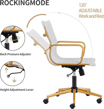 Office Chair with Arms, White and Gold Faux Leather Desk Chair, Adjustable Swivel Task Seating for Women, Vanity Room and Home Office