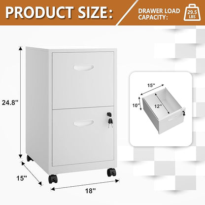 Polup 2 Drawer Rolling File Cabinet on Wheels, Mobile Two Drawer Filing Cabinet with Lock, Small Files Cabinets for Under Desk, Metal Filing Cabinets for Letter Size Folders, White - Assembly Required