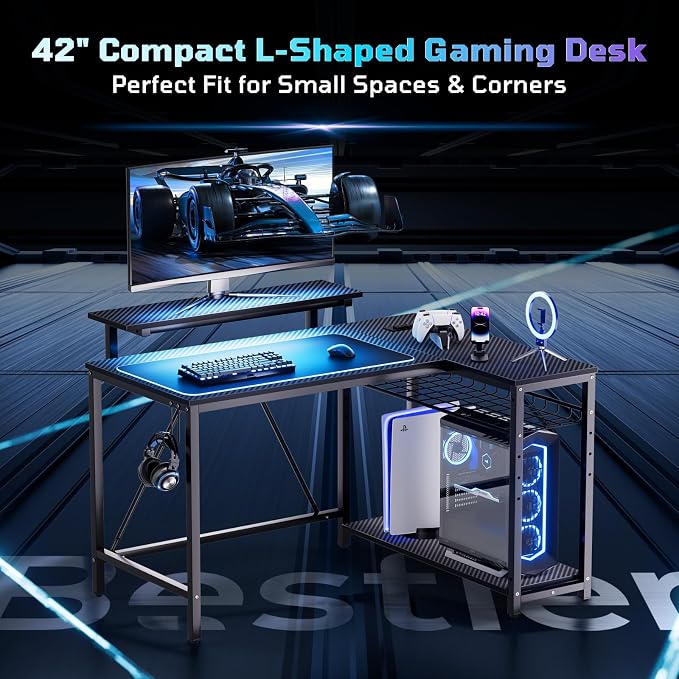 Bestier Gaming Desk with Power Outlets, 42" L-Shaped Computer Desk with LED Lights, Desk with Reversible Storage Shelves & Hooks for Small Spaces, Bedrooms & Offices, Black Carbon Fiber