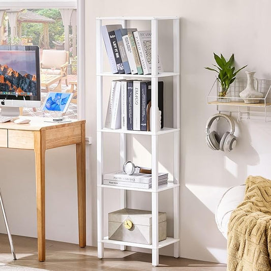 YUFAM 54in Tall Bookshelf 5-Tier Small Narrow Bookcase, Skinny Book Shelf for Small Space, Farmhouse Slim Shelf with Storage, Wood Freestanding Display Thin Bookshelves for Living Room, Office, White
