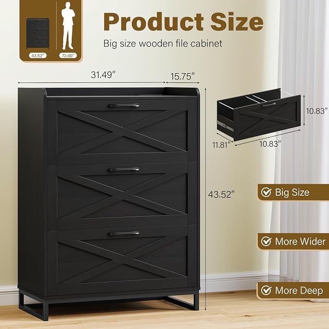 Vabches File Cabinet 3 Drawers Lateral File Cabinet with Charging Station for Letter/Legal/A4 Size Hanging Files, Large Wood File Storage Cabinets Printer Stand for Home Office, Simple Black