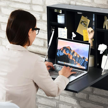 COSTWAY Wall-Mounted Computer Desk, Floating Desk with Storage Drawer & Shelves, Fold-up Desktop & Pneumatic Springs, Ideal for Home, Office, Dormitory, Small Spaces (Black)