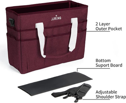 JJRING Craft Organizer Tote Bag, Large Art Storage Caddy with Multiple Pockets, Dark Red Sewing Bag for Art, Craft, Scrapbooking, Medical, and Office Supplies Storage