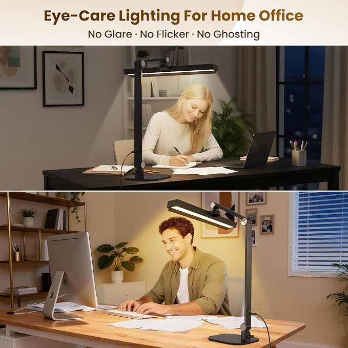 LIONVISON Desk Lamps for Home Office: 2-in-1 LED Eye-Caring Table Light | CRI >97 84 LED Beads - 5 Color Modes 10 Brightness - Adjustable Swing Arm Computer Office Lamp with Timer and Memory