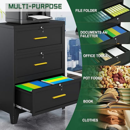 erosoei 3 Drawer File Cabinet with Lock, Metal Lateral File Cabinets for Home Office, Steel Wide Filing Organization Storage Cabinets, Home Office Furniture for Hanging Files Letter/Legal/F4/A4 Size.