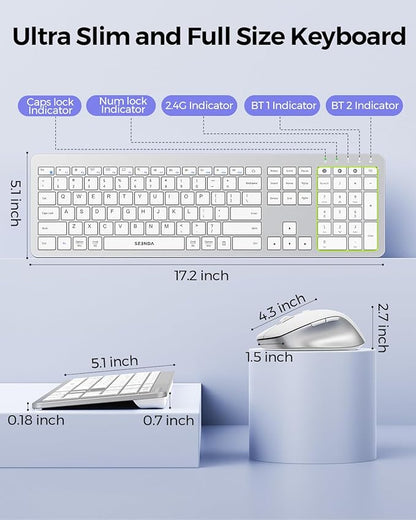 seenda Wireless Keyboard and Mouse Combo for Windows PC, Laptop, Mac, iPad, Bluetooth & 2.4G 3-Device Multi-Connection, Ultra Slim Full Size Quiet Keyboard, Adjustable DPI Mouse, Silver