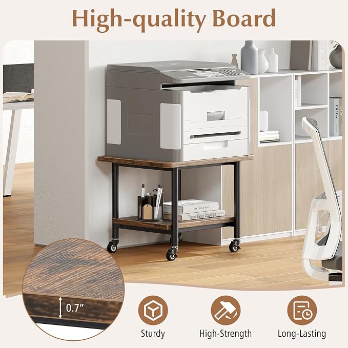 GOFLAME Under Desk Printer Stand, 2-Tier Industrial Mobile Printer Table with Storage Shelf, Metal Frame, Rolling Printer Cart Holder Storage Rack with Lockable Wheels for Home Office, Brown
