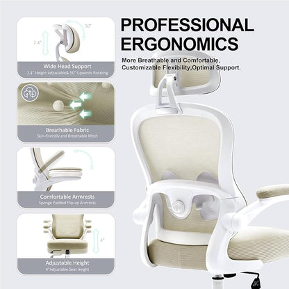 Ergonomic Office Chair,Ultra Thick Office Desk Chair with Adjustable Lumbar Support and Headrest,Spring Cushion,Rocking Function,Flip-up arms,Mesh Computer Chair for Home Office,Khaki