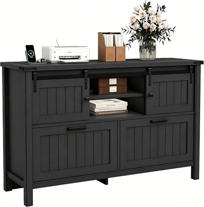 Farmhouse File Cabinet with Charging, Sliding Barn Doors & 2 Drawers, Cute Printer Stand with Open Shelf for Home Office, Remote Work, Black
