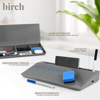 Birch Small Desktop Whiteboard – Glass Dry Erase Board Desk Pad Keyboard Stand with Storage Compartment, Adjustable Dividers, 3 Markers, Eraser & Holder – Perfect for Office, Home, & School (Charcoal)