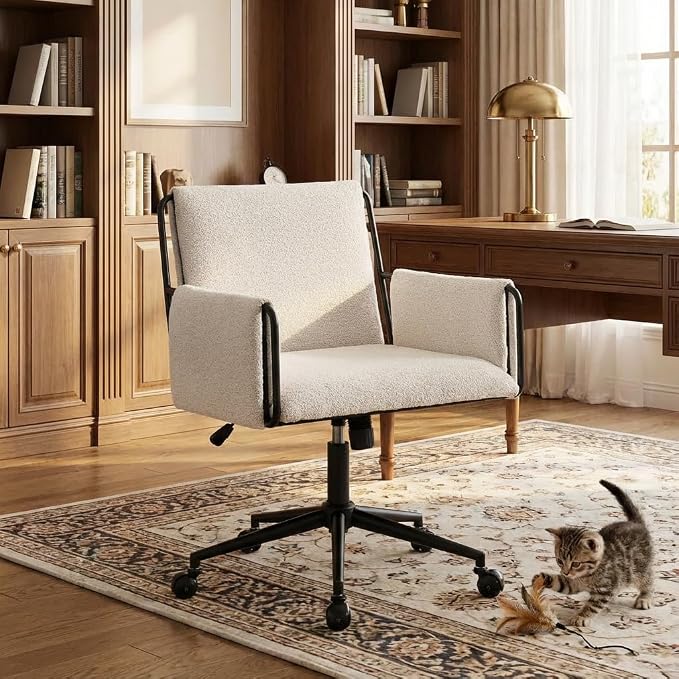 YOUNIKE Wide Seat Home Office Chair with Arms Modern Desk Chair with Wheels Fabric Vanity Chairs with Comfy Back Cross Legs Adjustable Swivel Rolling Computer Task Chair for Study Bedroom Makeup Beige