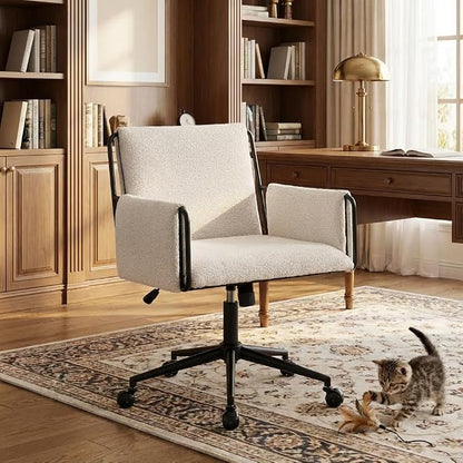 YOUNIKE Wide Seat Home Office Chair with Arms Modern Desk Chair with Wheels Fabric Vanity Chairs with Comfy Back Cross Legs Adjustable Swivel Rolling Computer Task Chair for Study Bedroom Makeup Beige
