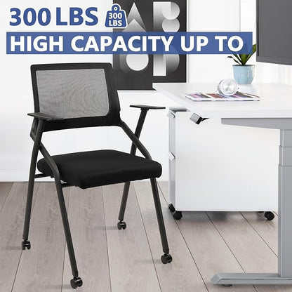 CLATINA Stackable Foldable Conference Room Chairs with Wheels, Portable Padded Office Desk Chair with Lumbar Support and Armrest for Training Room, Guest, Reception, Event, Black (2pk)