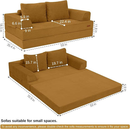 COMAX Futon Sofa Bed, Convertible Folding Sofa Bed, Boneless Couch Loveseat Corduroy with Pillows, Small Foldable Floor Couch Comfy Lounge Sleeper for Living Room Bedroom, Orange