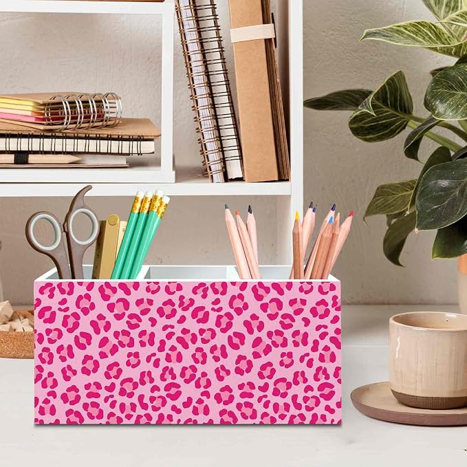 DILSJ Pink Cheetah Print Pen Pencil Holder Organizer for Desk, Cheetah Print Room Decor, Leopard Wooden Box Signs for Women Home Office Desk Tabletop Decoration