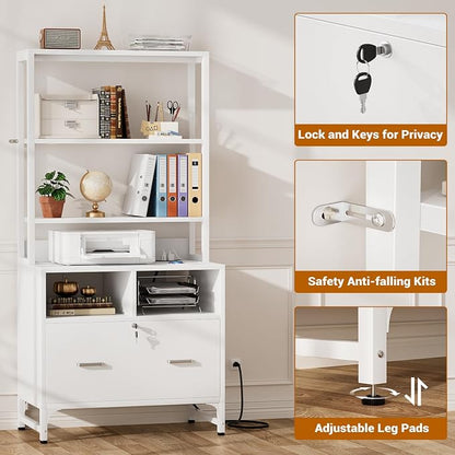 Homieasy Vertical File Cabinet with Charging Station, Lock & Large Drawer, Printer Stand with Storage Shelves, Office Storage Cabinet fits Letter/A4/Legal Size, White