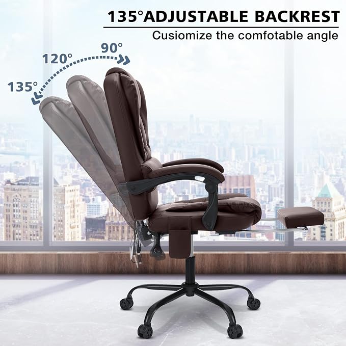 HOFFREE Massage Office Chair with Foot Rest 7 Points Vibration Ergonomic Executive Desk Chair Leather Computer Office Chair Brown