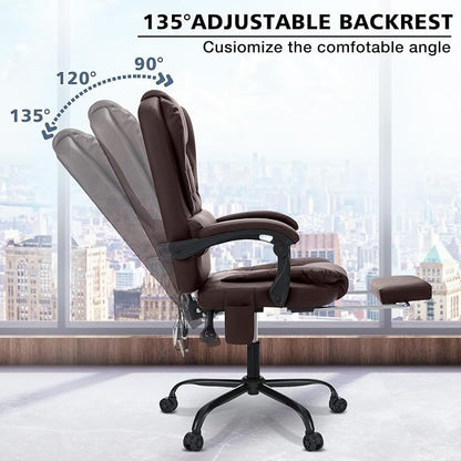 HOFFREE Massage Office Chair with Foot Rest 7 Points Vibration Ergonomic Executive Desk Chair Leather Computer Office Chair Brown