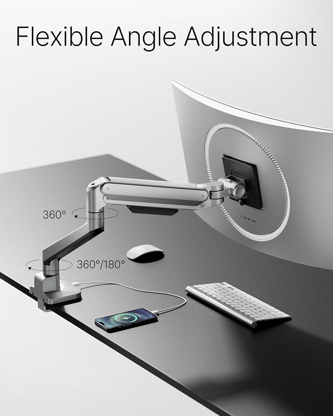 monTEK Deluxe Aluminum Monitor Arm with USB A/C for 17 to 40 Inch Curved Screens Fully Adjustable Single Monitor Arm with Clamp/Grommet, Quick Release Plate, Cable Management, VESA 75/100