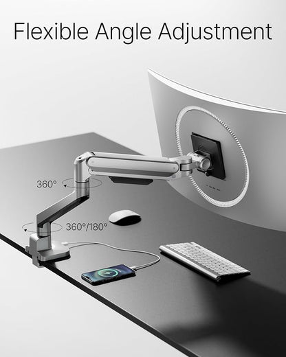monTEK Deluxe Aluminum Monitor Arm with USB A/C for 17 to 40 Inch Curved Screens Fully Adjustable Single Monitor Arm with Clamp/Grommet, Quick Release Plate, Cable Management, VESA 75/100