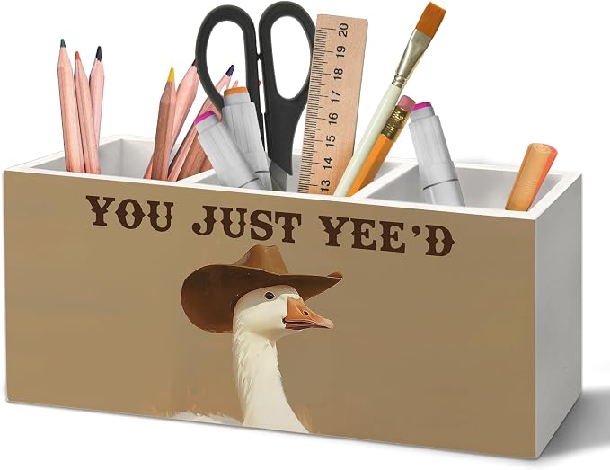 Funny Western Cowboy Goose Pen Holder Organizer for Desk Accessories, Goose Gifts Wooden Box Sign Desk Decorations for Home Bedroom Office Decor, Western Office Decor, Cowboy Gifts