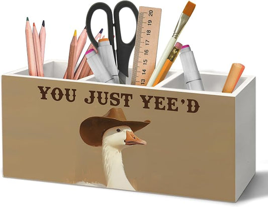 Funny Western Cowboy Goose Pen Holder Organizer for Desk Accessories, Goose Gifts Wooden Box Sign Desk Decorations for Home Bedroom Office Decor, Western Office Decor, Cowboy Gifts