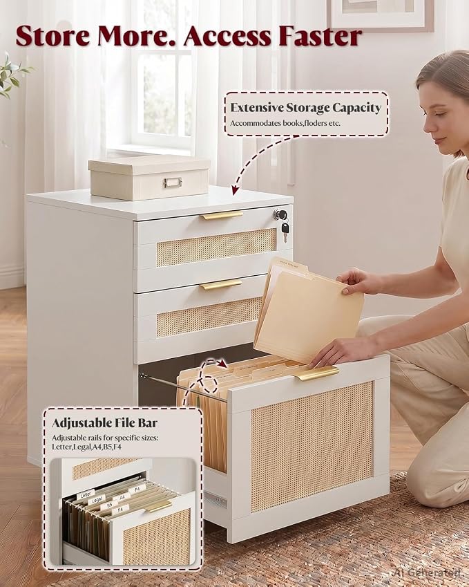 HOPUBUY 3 Drawer File Cabinet with Lock, Small Rattan Filing Cabinets with Wheels, Wood Rolling Office Storage for Under Desk Home Office,White