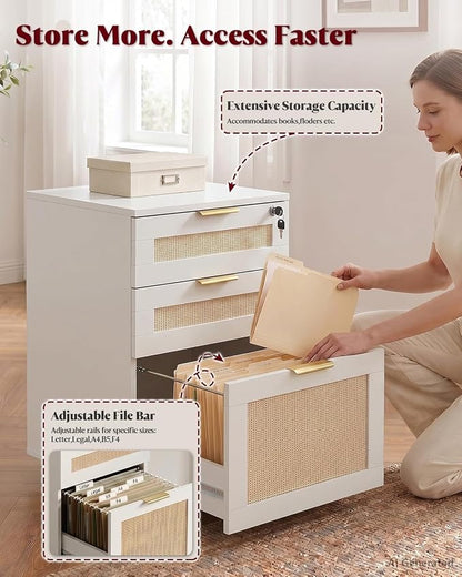 HOPUBUY 3 Drawer File Cabinet with Lock, Small Rattan Filing Cabinets with Wheels, Wood Rolling Office Storage for Under Desk Home Office,White