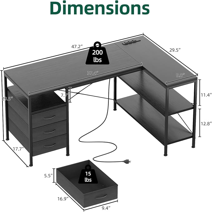 MUTUN L Shaped Computer Desk with 3 Drawers & Power Outlets, 47 Inch Corner Desk with Reversible Storage Shelves, PC Table for Home Office Bedroom (Black, 47 Inch)