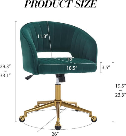 Home Office Chair Swivel Velvet Desk Chair Accent Armchair Upholstered Modern Tufted Chairs with Gold Base for Girls Women Ergonomic Study Seat Computer Task Stools for Living Room(Green)