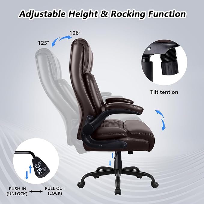 Office Chair, Big and Tall 400LBS Heavy Duty Executive Office Desk Chair with Flip-up Armrest, Ergonomic Swivel High Back Office Chairs with Lumbar Support, PU Leather (Brown)