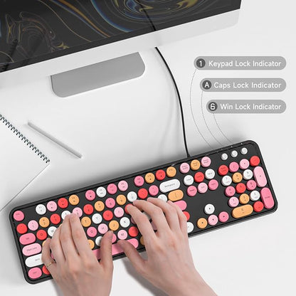MOWUX Computer Keyboard Wired, Plug and Play USB Retro Round Typewriter Keyboard, Full Size Wired Keyboard with Foldable Stands for Laptop and Office PC- Black Colorful