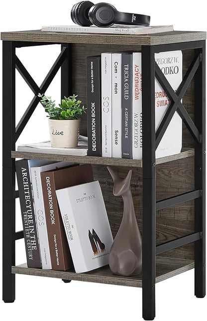 MNEETRUNG Small Bookcase,3 Tier Industrial Bookshelf with Metal Frame and Backboard,Low Grey Book Shelf,Book case for Small Spaces,Living Room,Bedroom and Home Office