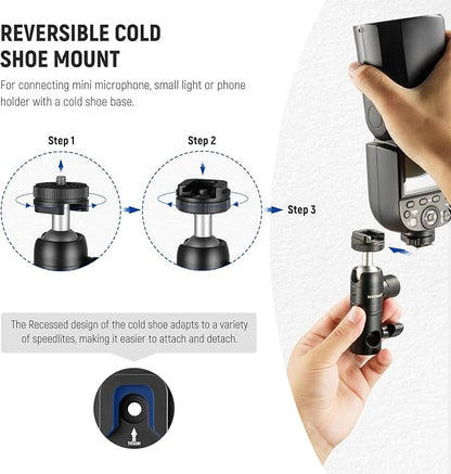 NEEWER Light Stand Mount Adapter with Cold Shoe and 1/4” Screw Mini Ball Head, Reversible Mounting Plate for Camera Monitor Ring Lights, Fits Flat Head/Boom arm/C Stands, Max. Load 22lb/10kg