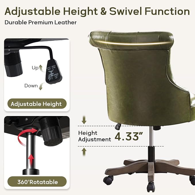 HUIMO Home Office Chair Upholstered Armless PU Leather Desk Chair with Wheels Adjustable Height Computer Desk Chair with Wooden Legs Comfortable Swivel Chair for Study Studio (Dark Green)