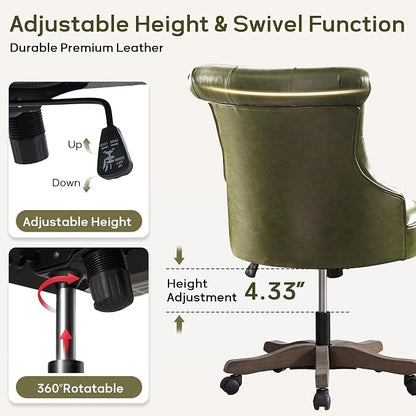 HUIMO Home Office Chair Upholstered Armless PU Leather Desk Chair with Wheels Adjustable Height Computer Desk Chair with Wooden Legs Comfortable Swivel Chair for Study Studio (Dark Green)