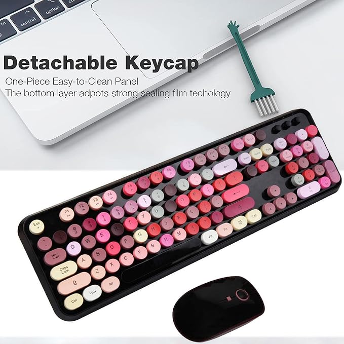 Wireless Keyboard and Mouse | Cute Colorful Keyboard and Mouse with 2.4GHz Cordless Retro Typewriter Keyboard | Auto-Sleep | USB Receiver for Windows PC/Laptop - Black Colorful
