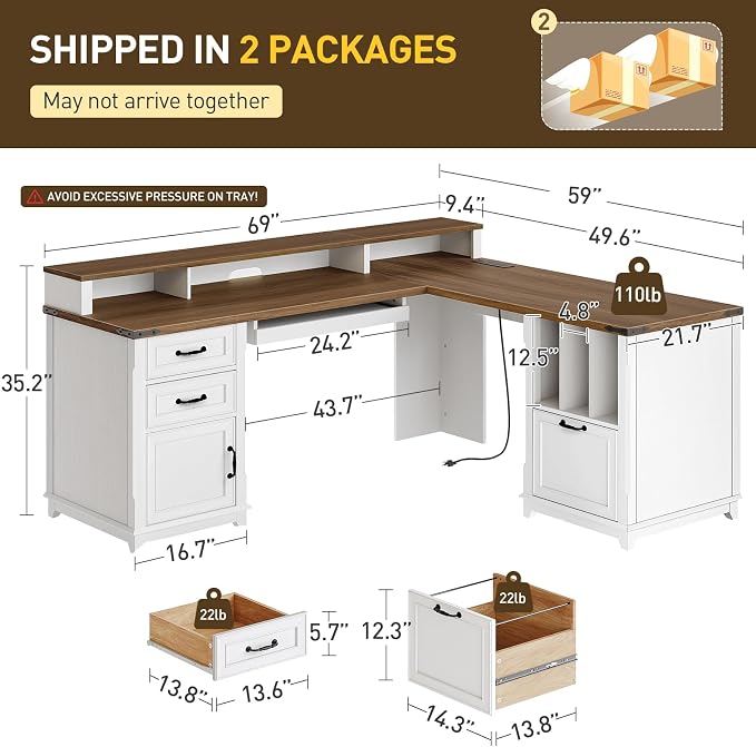 RALGEND Farmhouse 69" Executive L Shaped Desk with Drawer, Home Office Desk with Charging Station, Corner Computer Desk with Monitor Stand, File Drawer, Storage Cabinet, White and Walnut