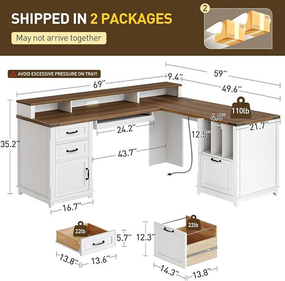 RALGEND Farmhouse 69" Executive L Shaped Desk with Drawer, Home Office Desk with Charging Station, Corner Computer Desk with Monitor Stand, File Drawer, Storage Cabinet, White and Walnut