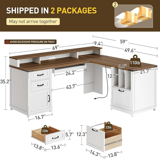 RALGEND 2 Pack Farmhouse 69" Executive L Shaped Desk with Drawer, Home Office Desk with Charging Station, Corner Computer Desk with Monitor Stand,Drawer, Storage Cabinet, White and Walnut