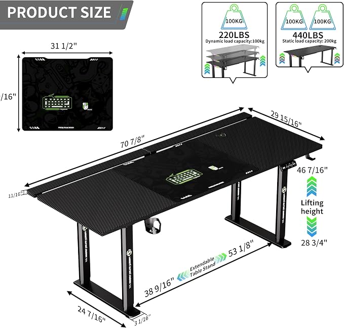 71" Gaming Standing Desk for Gamers & Streamers, 4-Leg Electric Sit Stand Desk with LED Lights, Flip-Top Cable Management, Stable Computer Desk with Wheels