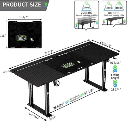 71" Gaming Standing Desk for Gamers & Streamers, 4-Leg Electric Sit Stand Desk with LED Lights, Flip-Top Cable Management, Stable Computer Desk with Wheels