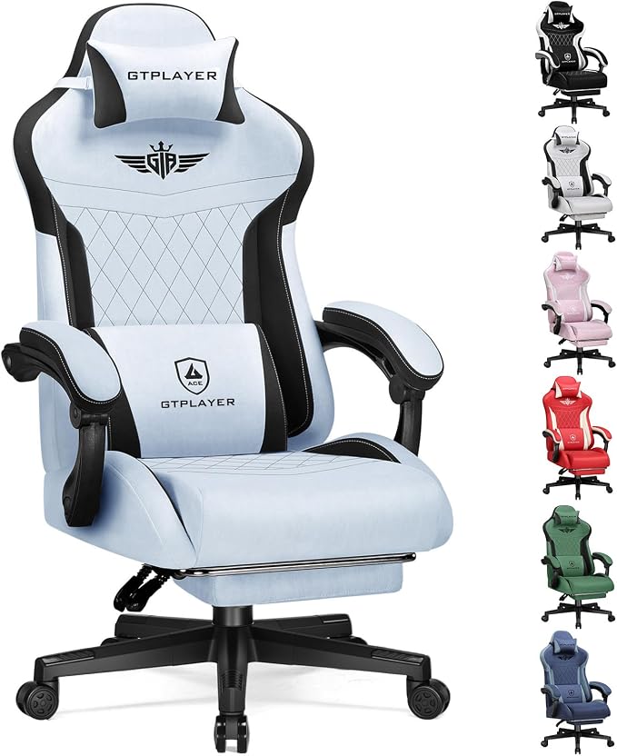 GTPLAYER Gaming Chair with Footrest, Big and Tall Game Chair High Back Computer Office Chair with Lumbar Support for Adults, Ergonomic Swivel Games Chair with Cushion Gaming, Fabric Light Blue