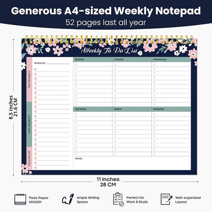 Weekly To Do List Notepad with 52 Undated Sheets（8.5"×11"）- Undated Weekly Planner Notepad for Office Desk Accessories and Supplies - Navy Blossom