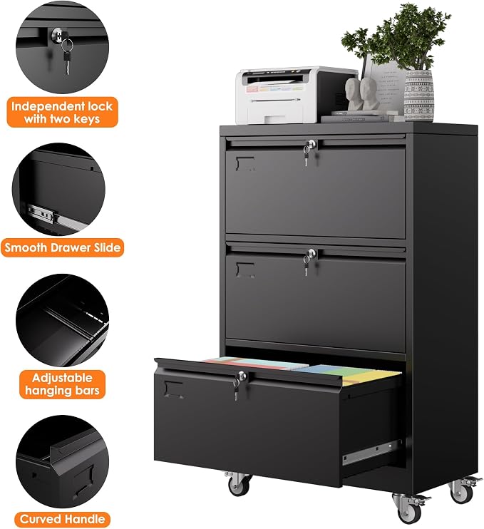 METAN 3 Drawer Lateral File Cabinet on Wheels with Locks, Heavy Duty Metal Rolling Filing Cabinet for Home Office, for Letter, Legal Size Folders, Black, Assembly Required,16" D x 29" W x 47.5" H