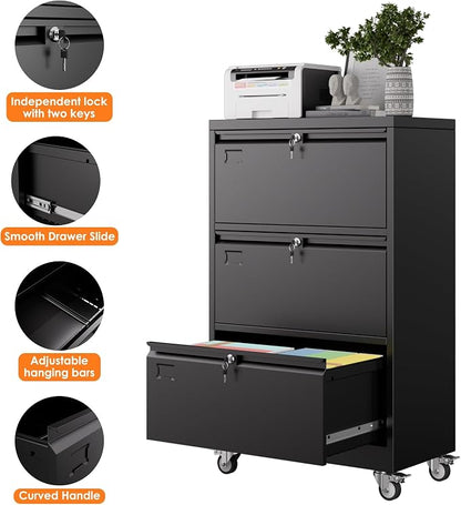 METAN 3 Drawer Lateral File Cabinet on Wheels with Locks, Heavy Duty Metal Rolling Filing Cabinet for Home Office, for Letter, Legal Size Folders, Black, Assembly Required,16" D x 29" W x 47.5" H